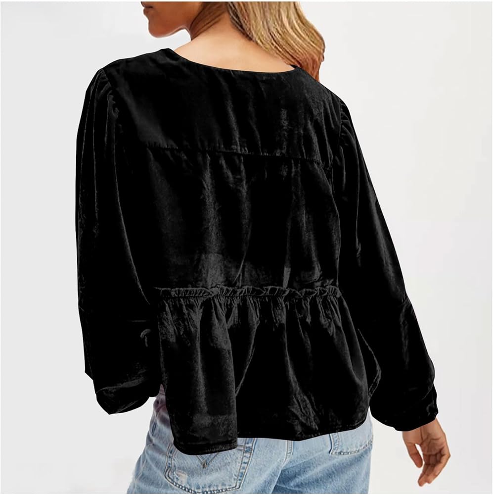 Bow Tie Front Long Sleeve Velvet Tops Ruffle Cut Out Relaxed Solid