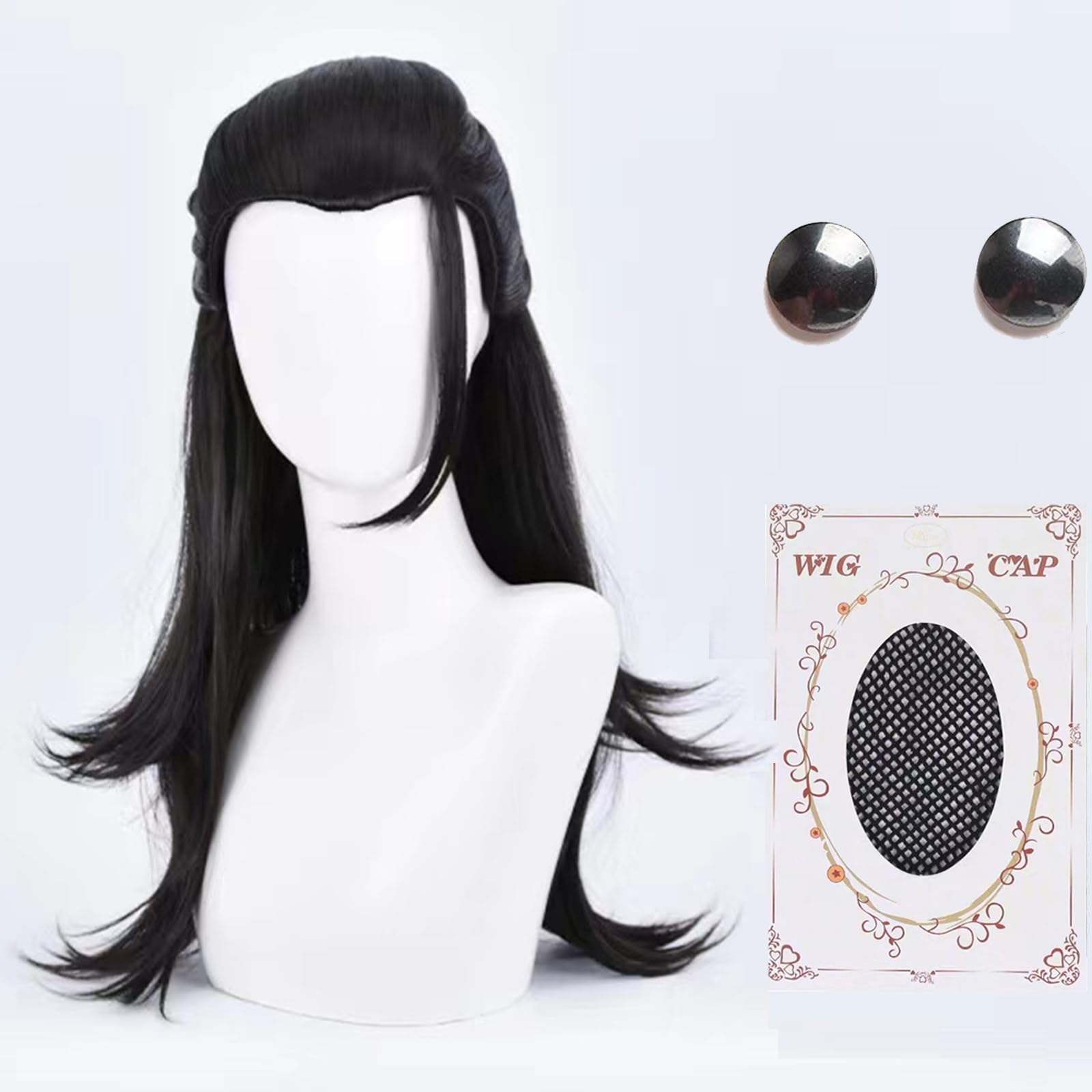 AqnhecGeto Cosplay Wig with Earrings Black Anime Wig Long Straight Wig with Cap for Cosplay Show,Halloween Costume Party,Theme Party