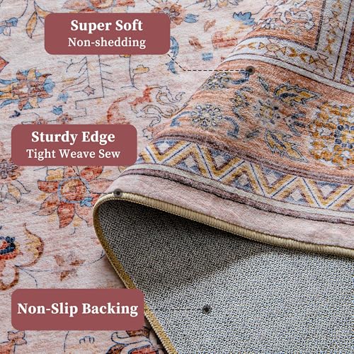 Vintage 8x10 Washable Area Rug, Low-Profile Large Area Rug with Non-Slip Backing & Durable Edge Binding, Pet-Friendly Carpet, Large Rug for Living Room, Bedroom, Dinning Room