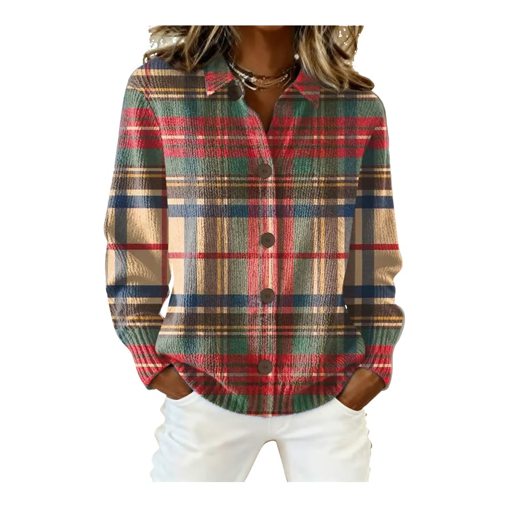 Womens Retro Christmas Plaid Art Print Casual Cardigan Ugly Christmas Sweater Women