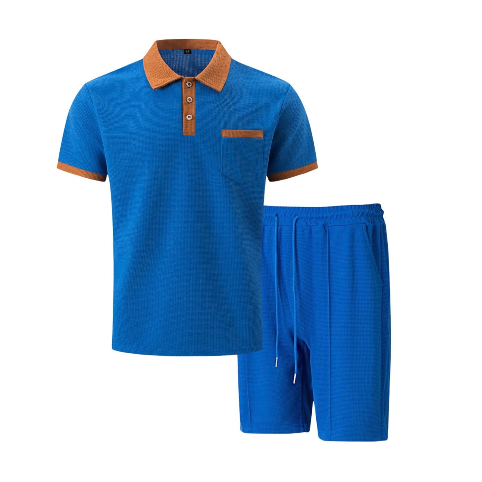 Tuta da uomo per il tempo libero, estiva, 2 pezzi, con colletto a maniche corte e pantaloni corti, tinta unita, elegante, per business, jogging, fitness, palestra