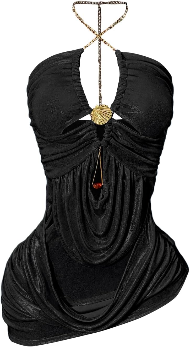 OYOANGLE Women's Glitter Criss Cross Halter Mini Bodycon Party Cami Dress | Sleeveless V Neck, Draped Front, Bodycon Pencil, Party, Sparkly Y2K 90s Fashion Outfits