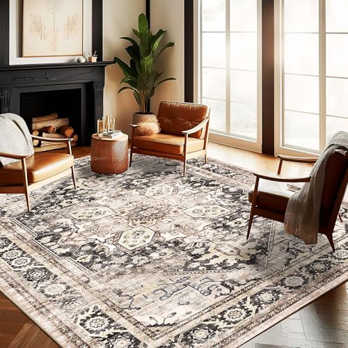 Washable Area Rug 10'x14' Black-Purple Khaki Retro Flowers Boho Design Non-Shedding Easy Care Ideal for High Traffic Areas in Living Room Bedroom Office Coffee Table Kitchen Large Carpet