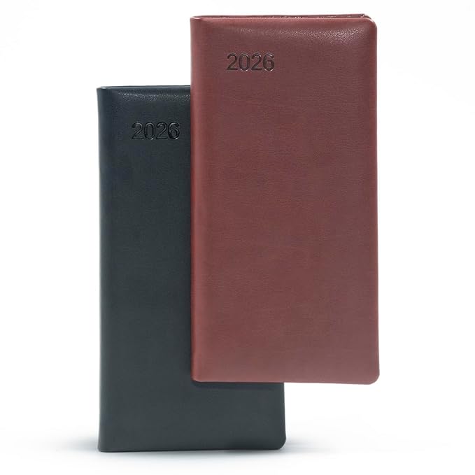 Mahavir Vertical Slim Line Pocket Diary 2026 | Small Size (3inch x 6inch) | Week-at-a-Glance New Year Diary | 164 pages | PU Leather Cover Material & Silver Gilt Edges | Pack of 2 - (Black + Maroon)