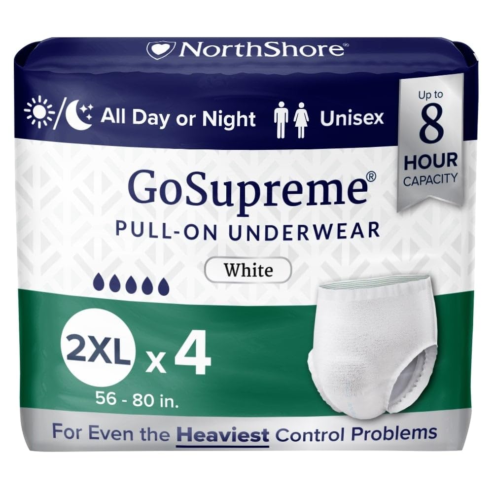 NorthShore GoSupreme Overnight Pull-On Underwear, 8-Hour Leak Protection, 2X-Large, 4-Count Starter Bag, White, (56-80 in Waist), Unisex Adult Diapers