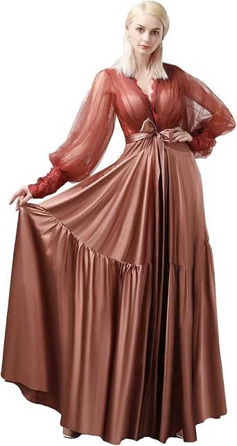BATHGOWN Womens Satin Robe Long Kimono Bathrobe Soft Sleepwear V-Neck Lace Luxury Dressing Gown