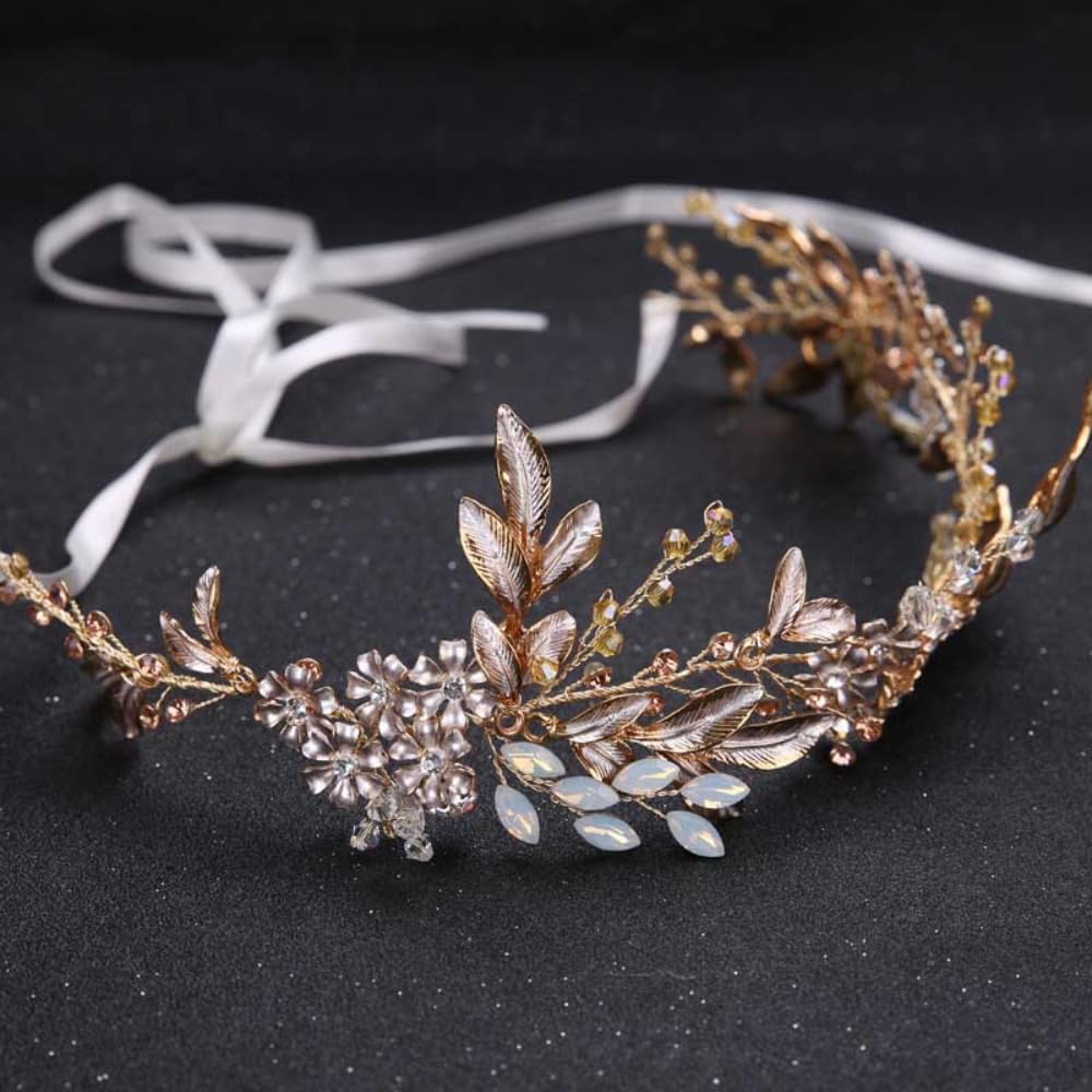 Fasce per capelli alla moda vintage con foglie bianche e fiori, fascia per capelli da sposa con nastro
