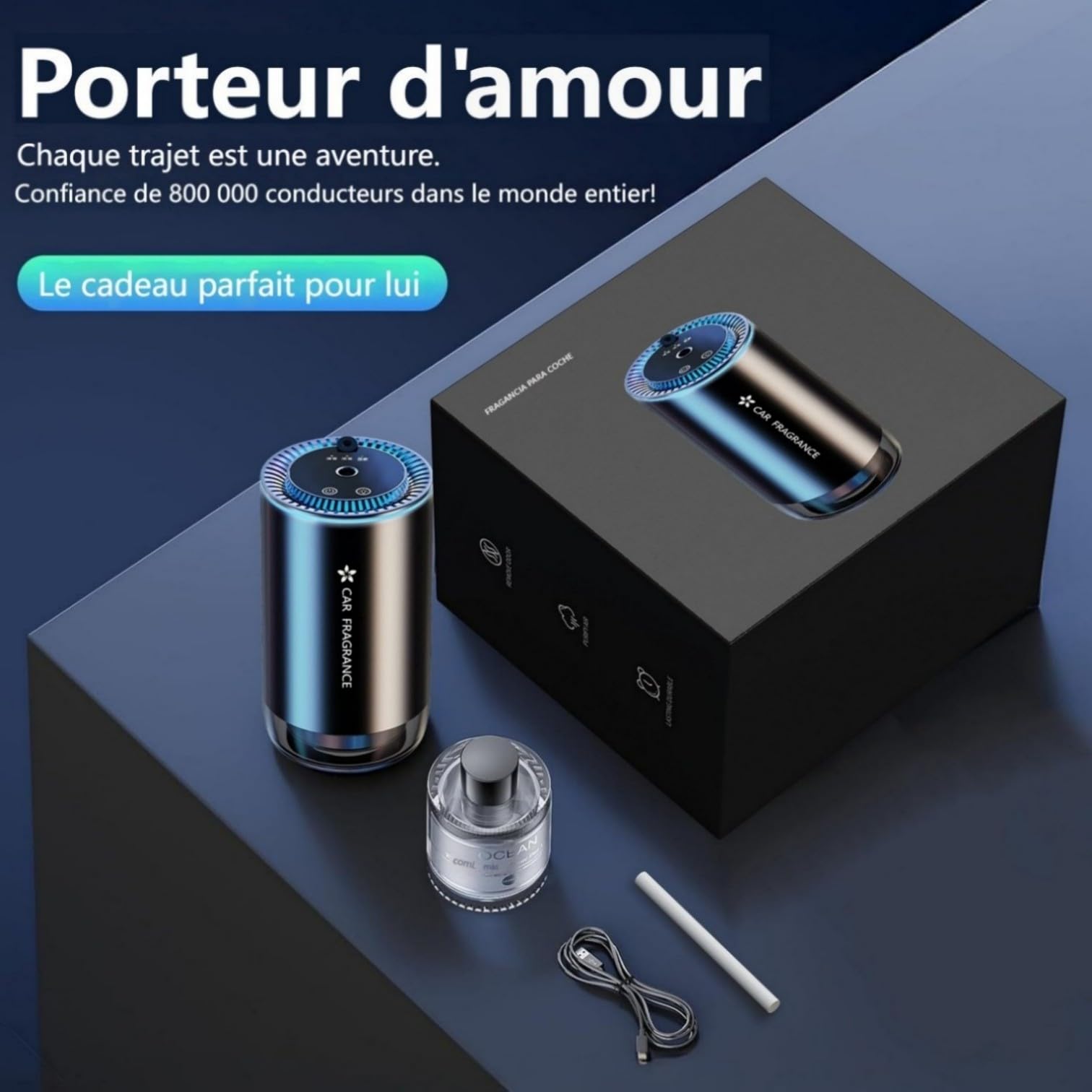 Diffuseur Voiture avec 50ml Parfum (Cologne), Sent Bon Diffuseur Électrique, On/Off Automatique, Atomiseur Ultrasonique, 3 Modes, Batterie Intégrée, Diffuseur d'Arômes pour Voiture Durée 5 Mois BJ-577