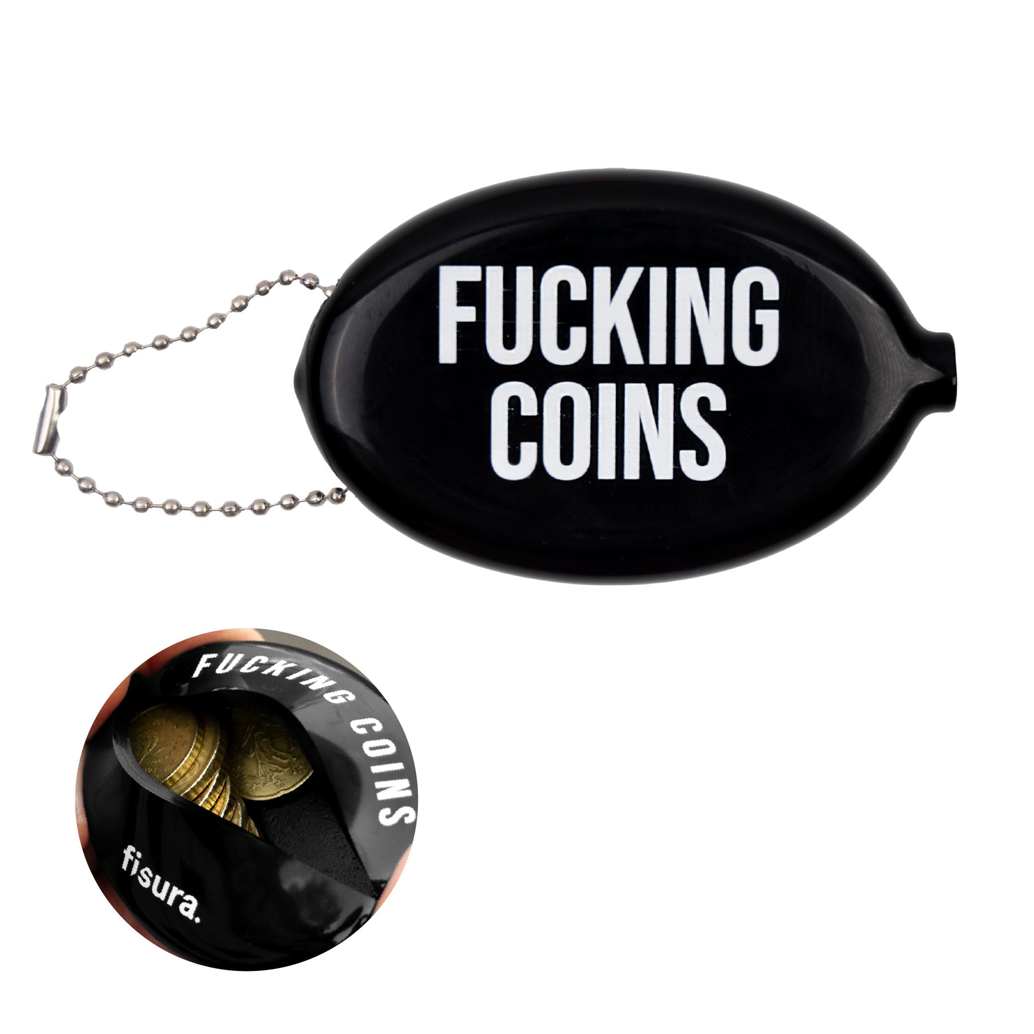 Fisura F*cking Coins Black Oval Rubber Coin Purse Retro Chain Wallet Small Pocket Wallet Unisex Gift 1 Unit.