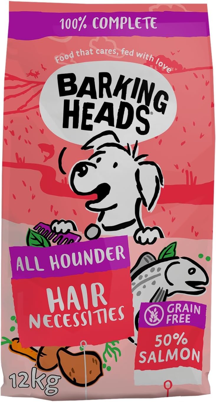 Barking HeadsComplete Dry Dog Food 12kg - Adult All Hounder Hair Necessities Salmon - Natural Grain Free Hypoallergenic for Skin & Coat - Vet Approved