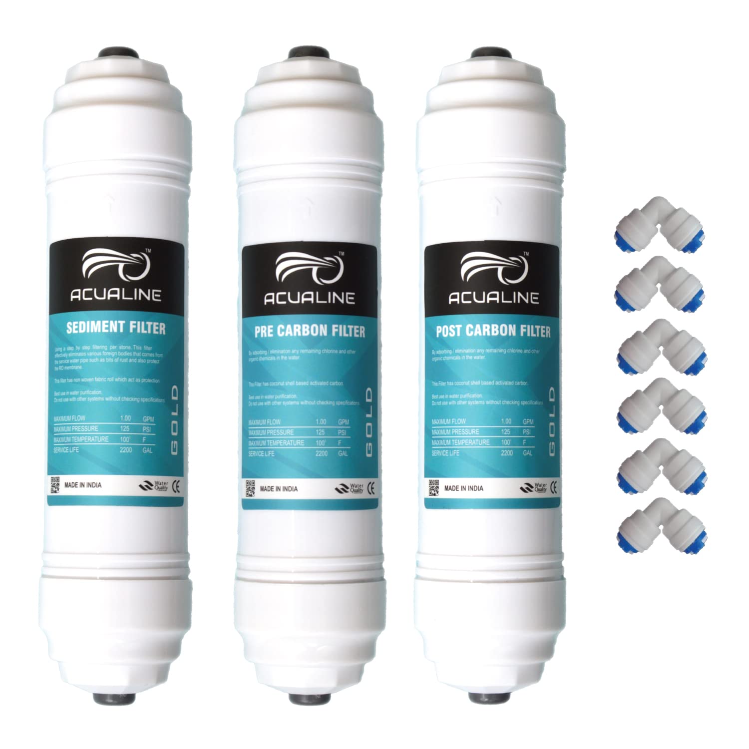 ACUALINE Gold Inline Filter Set Pre Carbon, Post Carbon (GAC), Sediment Filter with 6 Piece Push Fit Elbow Connector for RO Water Purifier (B003BMG7WO) Amazon Price History, Amazon Price Tracker