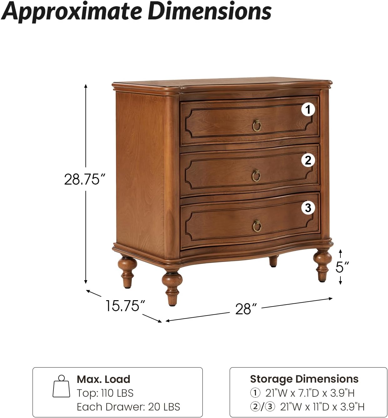 HULALA HOME Traditional Side Tables with 3 Drawers, Tall Side Table with Curved Front Profle Desgin, Charging Station, Solid Wood Legs, Set of 2, Walnut