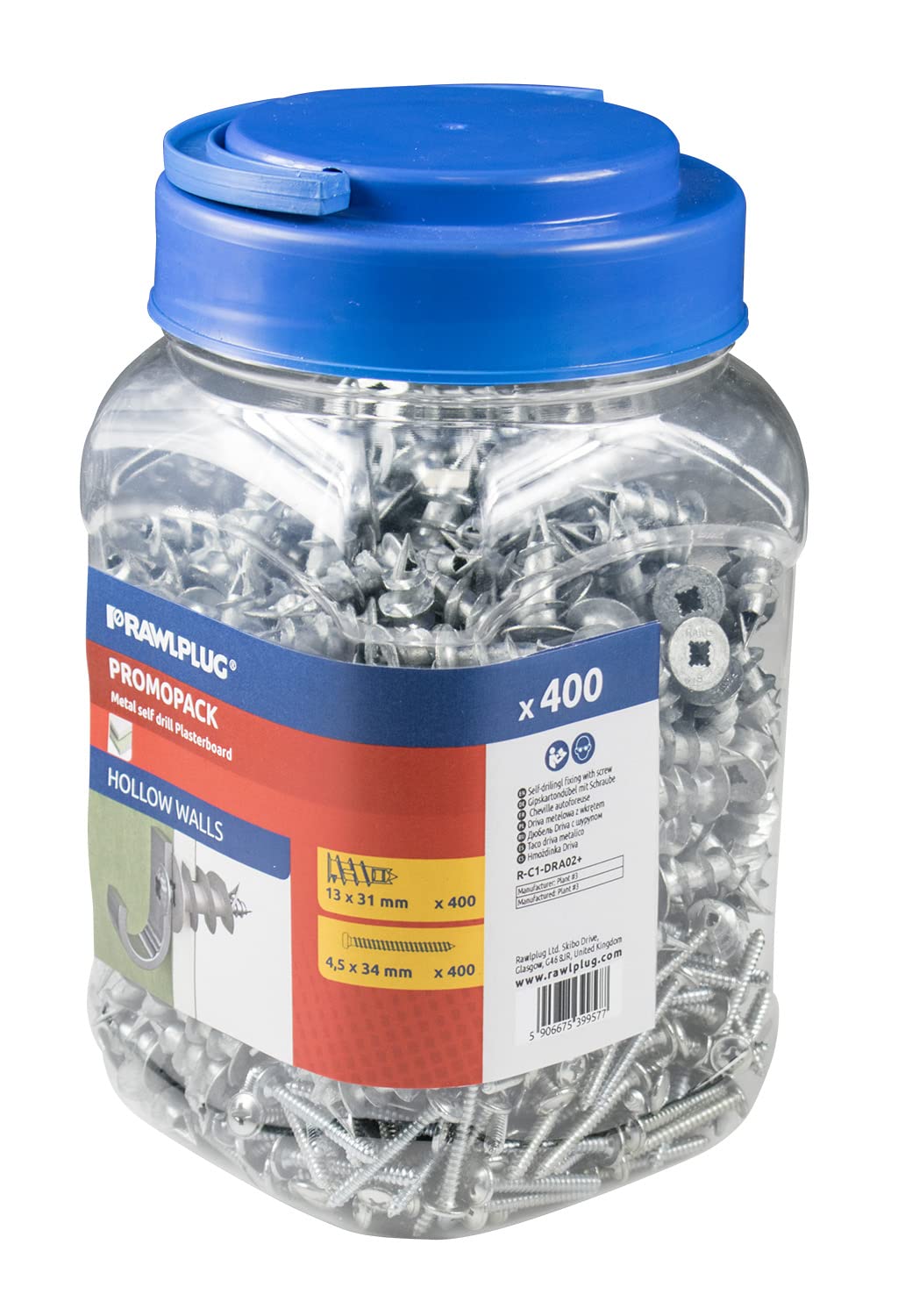 Rawlplug DIY Metal Self Drill Fixing 400x Plasterboard Plugs & 400x Screws Pack