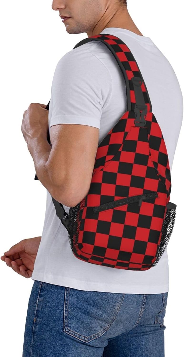 Checkered Crossbody Sling Bag for Women Men Abstract Geometric Pattern Christmas Plaid Sling Backpack Casual Chest Shoulder Bag Checkerboard with Red and Black Squares Sports Hiking Daypack - Image 7