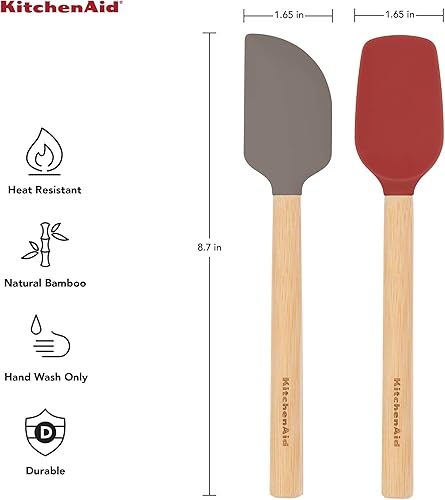 Miniatura 3 de KitchenAid Juego de 2 mini espátulas con mango de madera de bambú con cabeza de silicona, color rojo imperio/gris