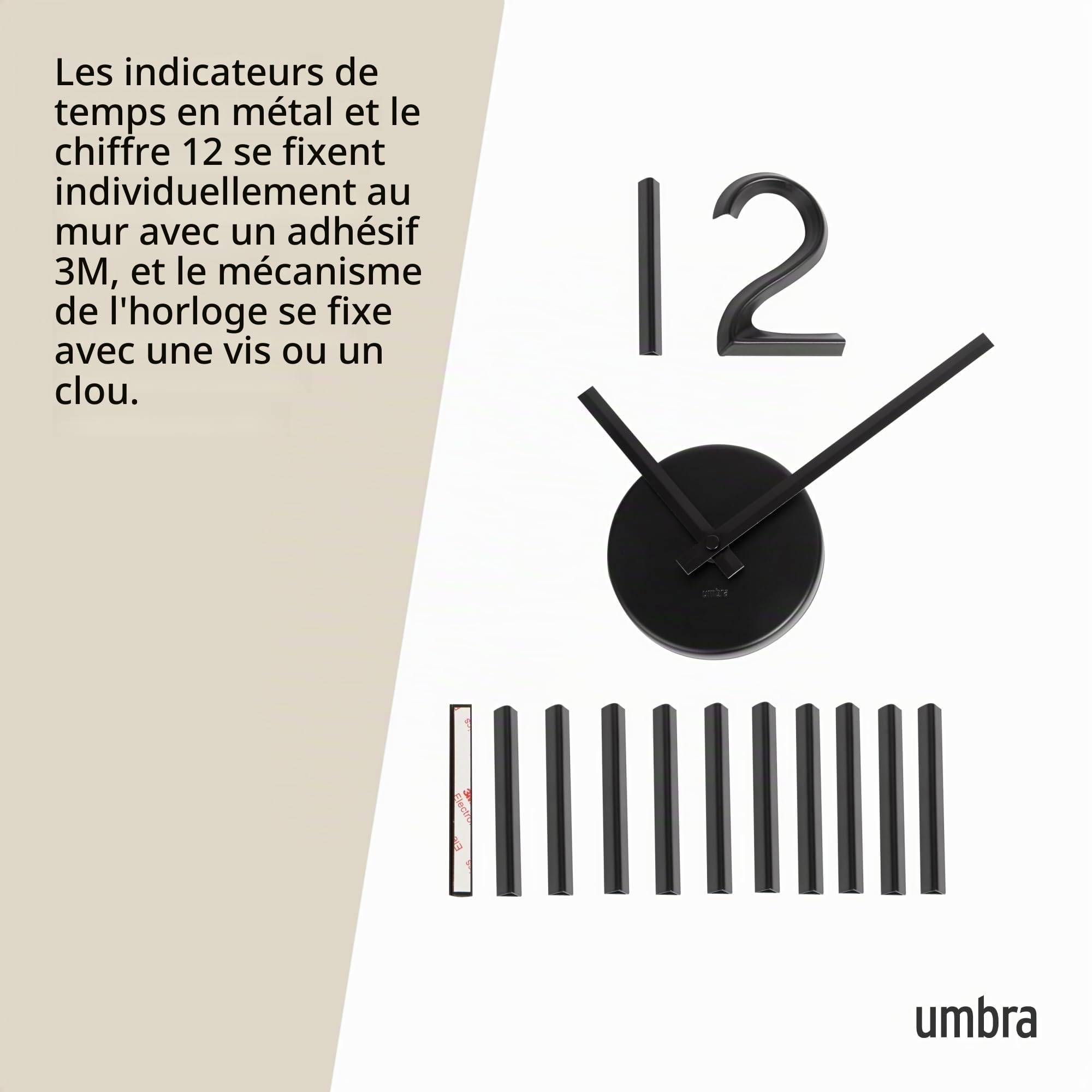 Umbra Blink Clock. Horloge silencieuse Blink, en métal Noir, Dimension Totale au Choix en Fonction de la Position souhaité des indicateurs. Au Moins 35cm de diamètre.