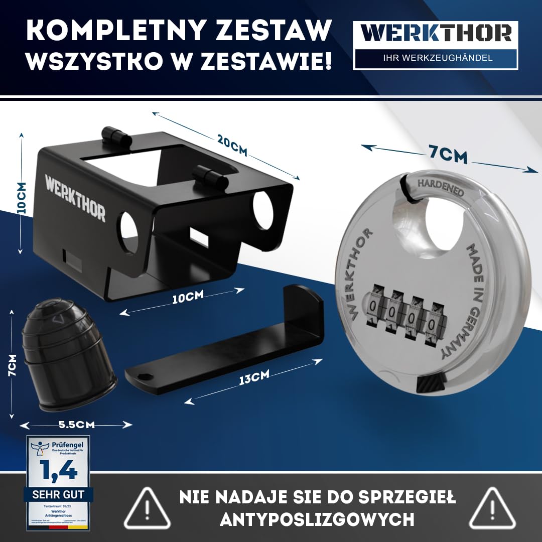 WERKTHOR Blokada przyczepy - przetestowana BARDZO DOBRA Blokada przyczepy - ochrona przed kradzieżą przyczep doczepionych i odczepionych - blokada ze stali nierdzewnej - zamek szyfrowy