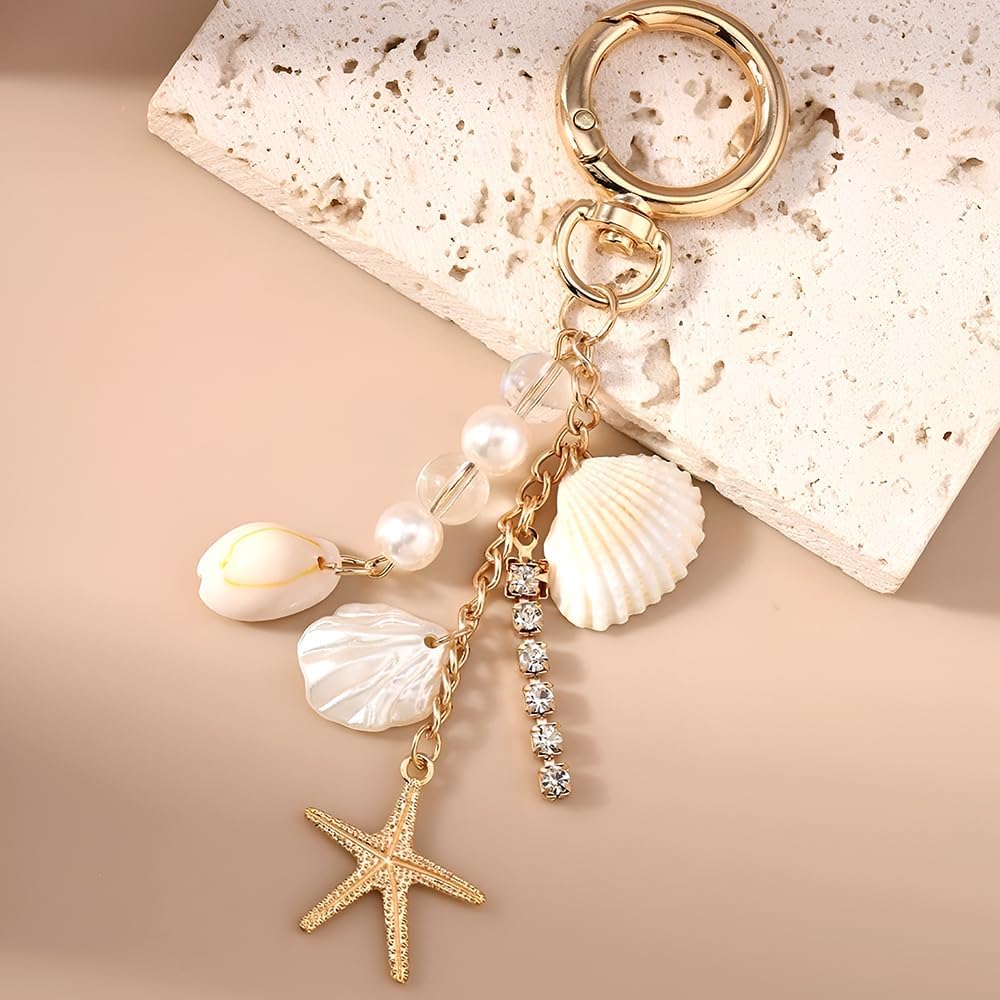 Gold Starfish Seashells Beach Keychain Cute Conch Sea Shell Summer Bag Charms Aesthetic Car Key Chain Women Marine Ocean Rhinestones Pearls Seashell Bag Charm Oceanic Purse Charms Keychain Accessories - Image 3