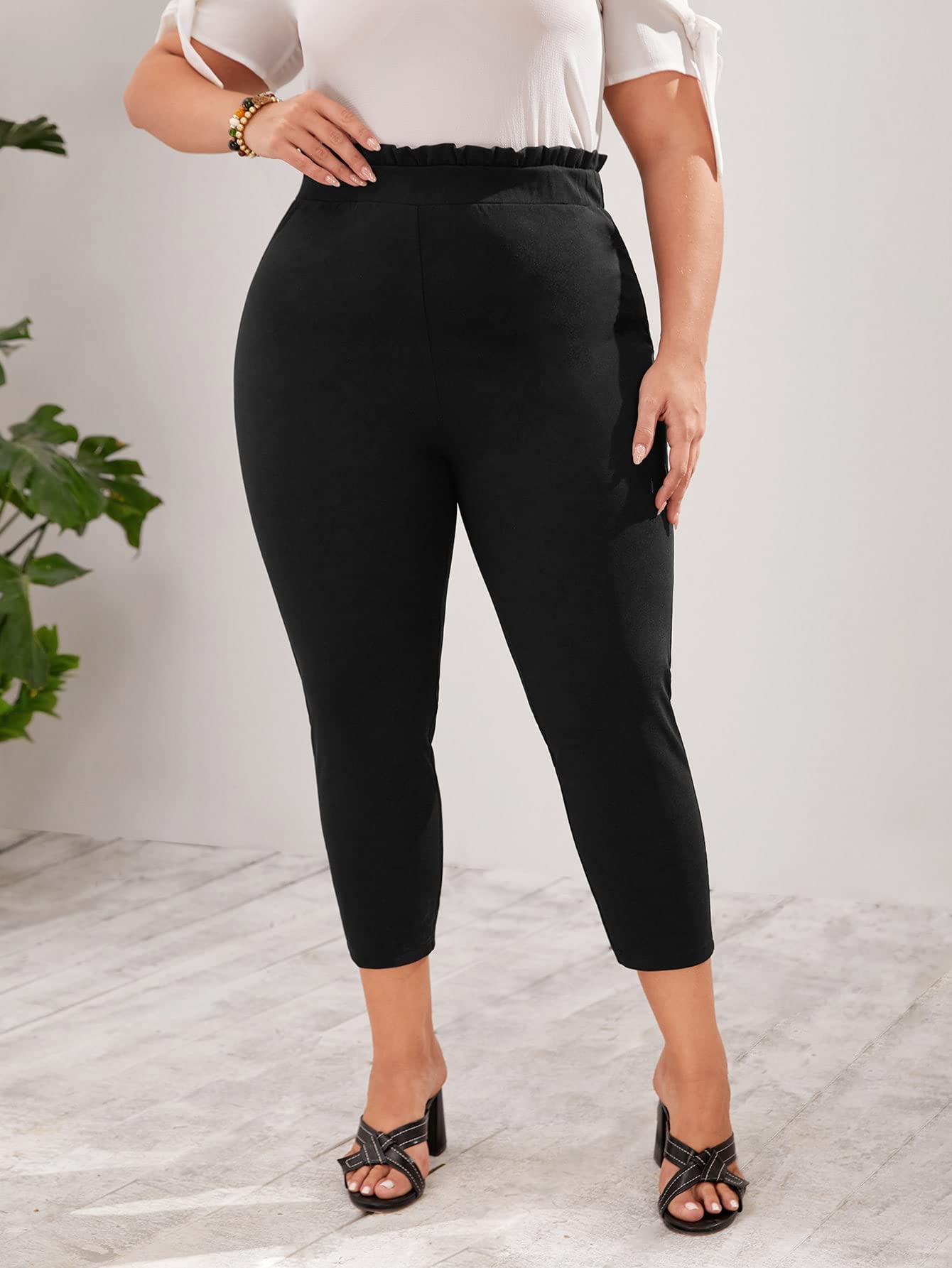 Plus Size Pants Women Plus Paper Bag Waist Skinny Pants Plus Size Pants Women Color Black Size 5X-Large