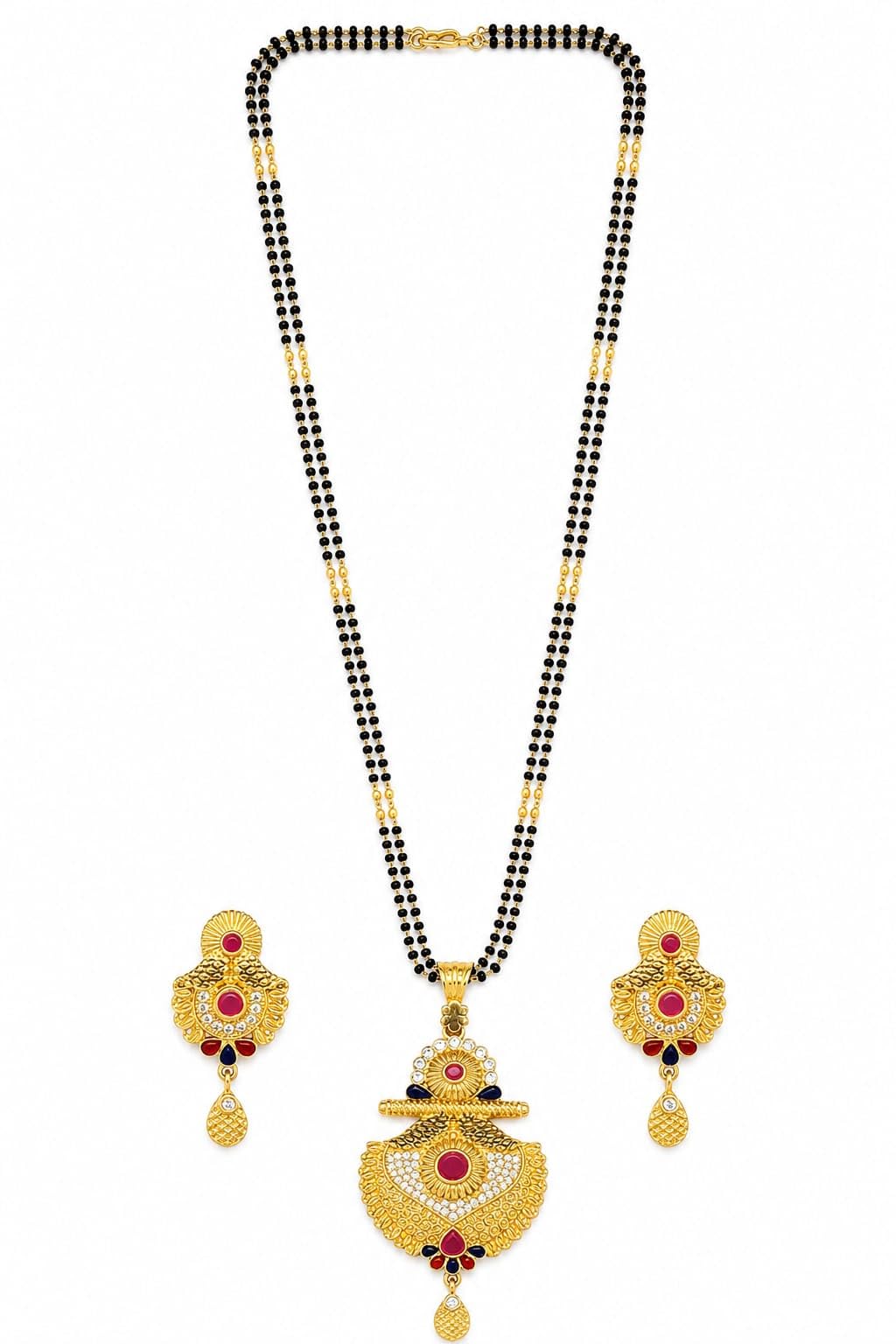 Double Strand Black Bead Mangalsutra Set with Earrings-image-27