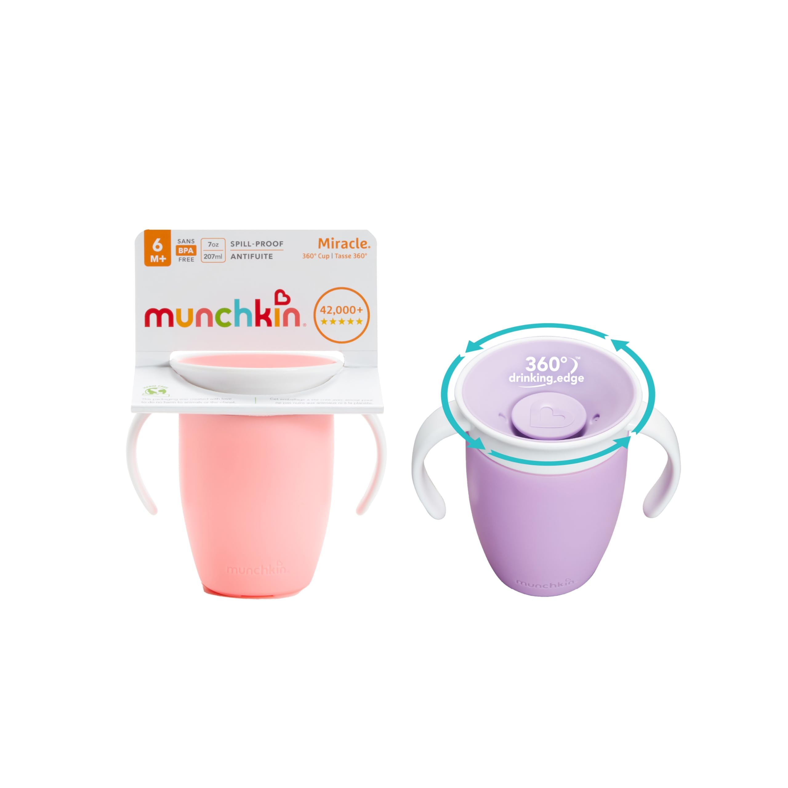 Munchkin Miracle 360 Sippy Cup | Trainer Toddler Cup | BPA Free Baby & Toddler Cups w.Handles | Non Spill | Dishwasher Safe Baby Cup | Leakproof | 6+ Months | 7oz/207ml | 2 Pack |Pink/Purple - 2