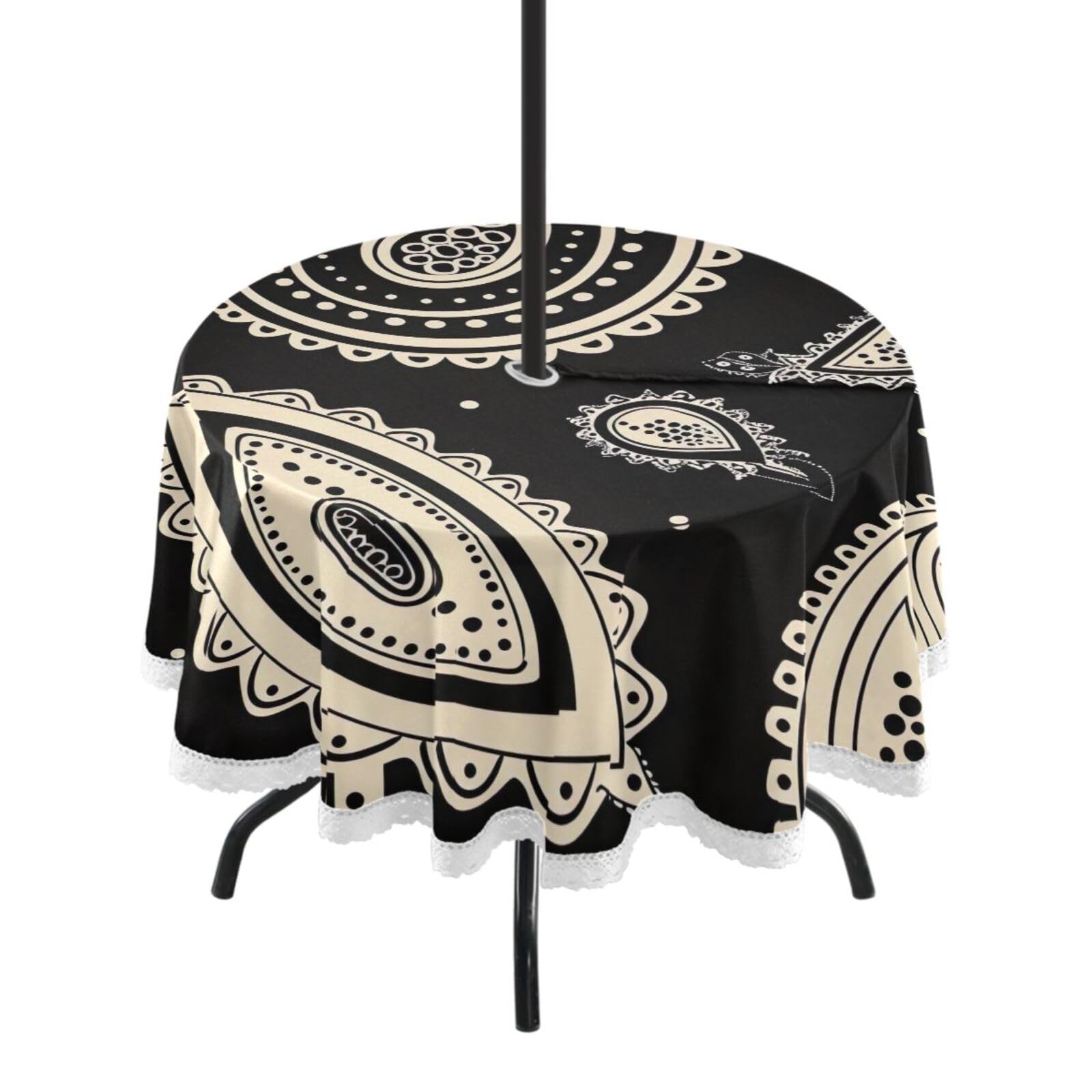 Wajiw 60 Inch Indoor Outdoor Round Tablecloth with Umbrella Hole and Zipper Waterproof Patio Table Cover for Camping Dining Room Party Outdoor Picnic,Paisley
