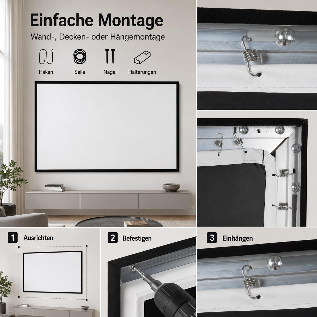 Schermo per proiettore da 130 pollici, 16:9, con telaio in alluminio | Angolo di visione di 160°, montaggio a parete e soffitto, pieghevole, per home theater, giochi, campeggio e conferenze