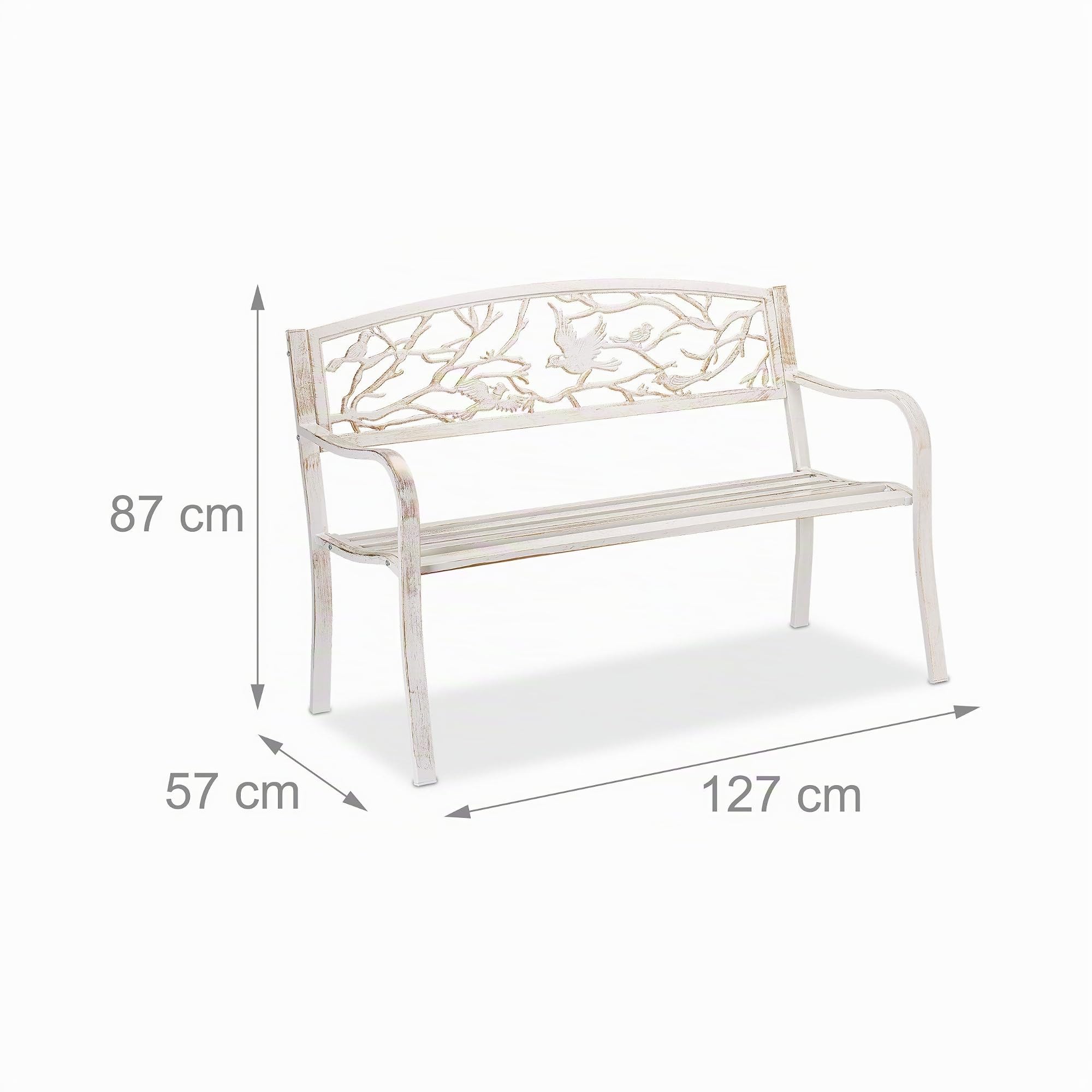 Relaxdays Panca da Giardino, con Volatili Decorativi, Accessorio di Arredo da Esterno, 87x127x57 cm, Bianco-Bronzo