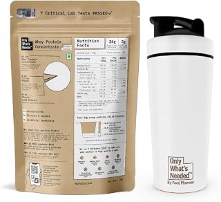 ONLY WHAT'S NEEDED By Food Pharmer - Coffee Edition | Whey Protein Concentrate 1kg | 24g per scoop + Metal Shaker 750ml | ... Price In India