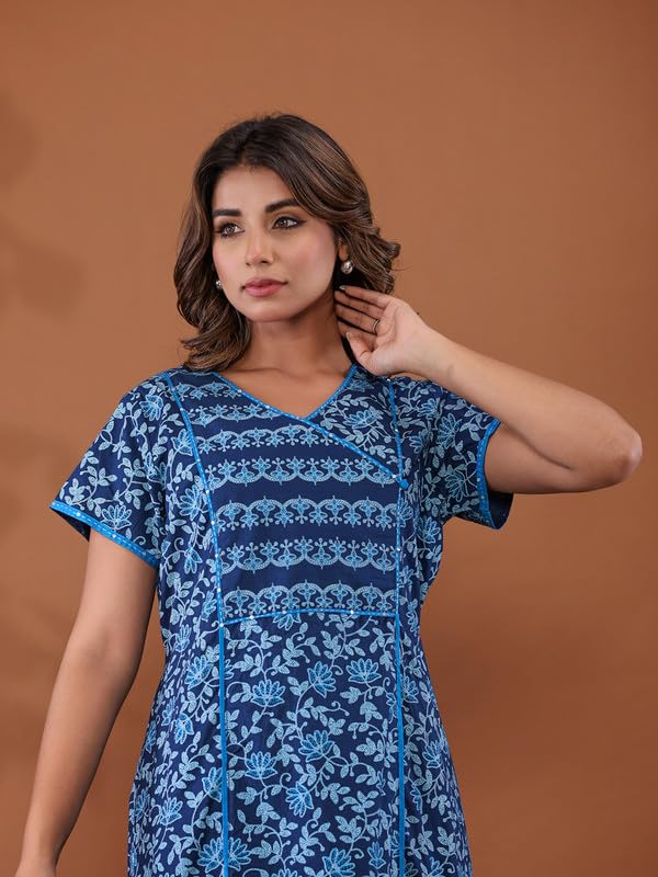 Image of NIHSAMAH Cotton Night Gown for Women - Angrakha Style Nighty, Comfortable Sleepwear /Nightwear /Maxi