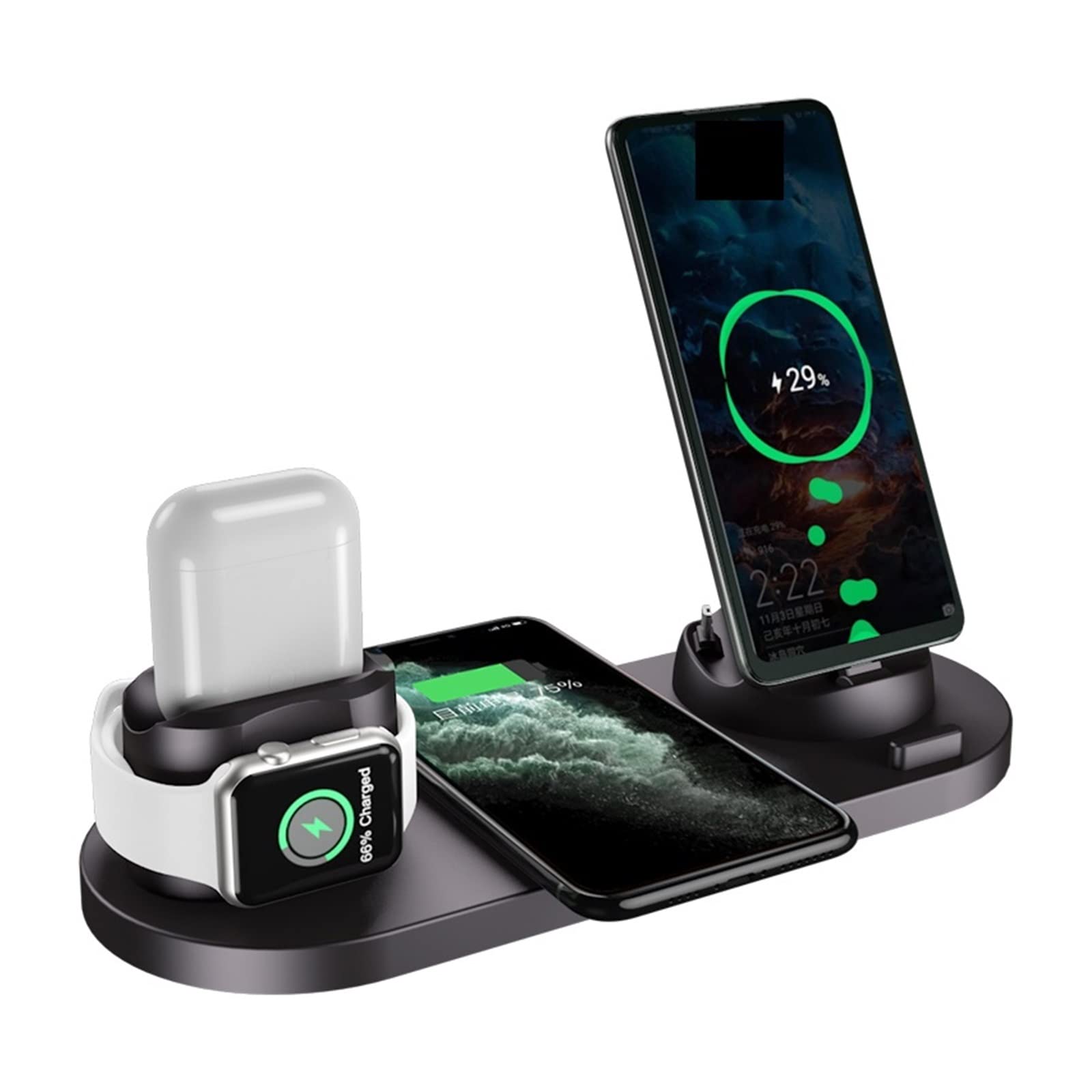 Chargeur sans Fil 10 en 1 Chargeur sans Fil Rapide Station d'accueil de Charge for écouteur de Montre de téléphone(Black with Plug)
