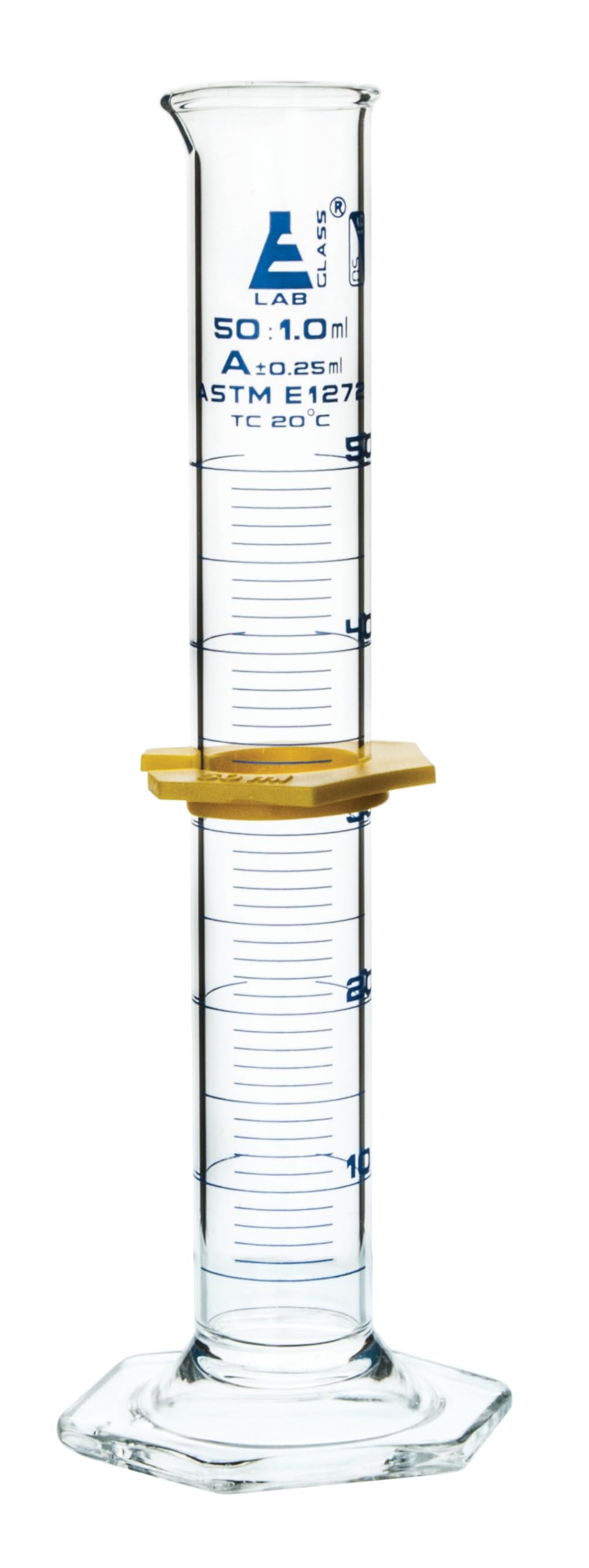 Graduated Cylinder, 50mL - ASTM, Class A Tolerance ±0.25mL - Protective Collar, Hexagonal Base - Blue Graduations - Borosilicate 3.3 Glass - Eisco Labs