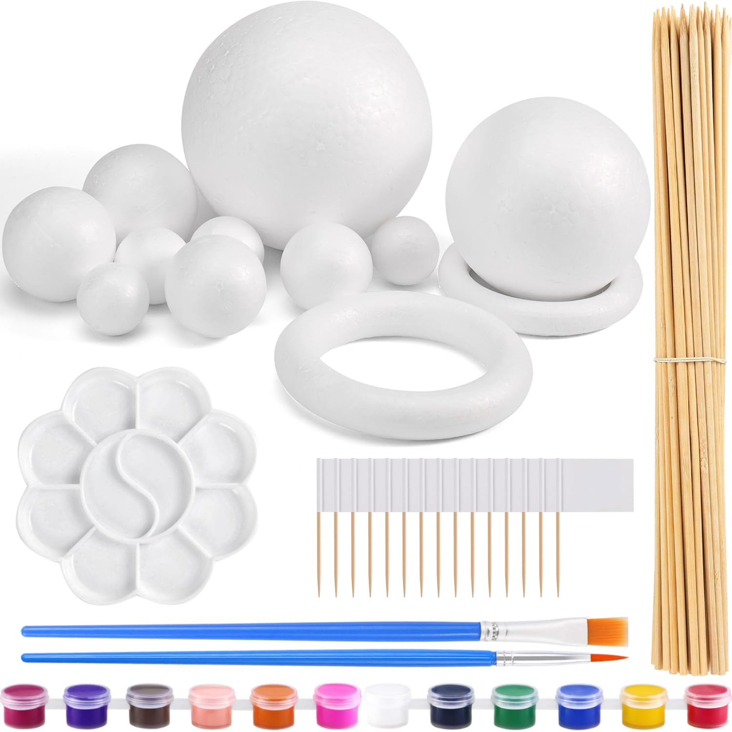 48PCS Solar System Model Foam Ball Kit Includes 10 Sizes Polystyrene Spheres Balls, Bamboo Sticks, Toothpick Flags, 12 Color Pigments, Brushes, Paint Tray Palette for School Science Projects