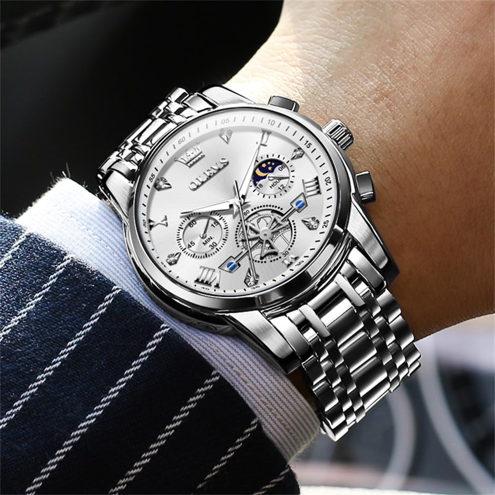 OLEVS Uhren Herren Chronograph Wasserdicht Analog Quarz Uhr Herren Mode Lässig Business Leuchtend Edelstahl Großgesicht Herrenuhr