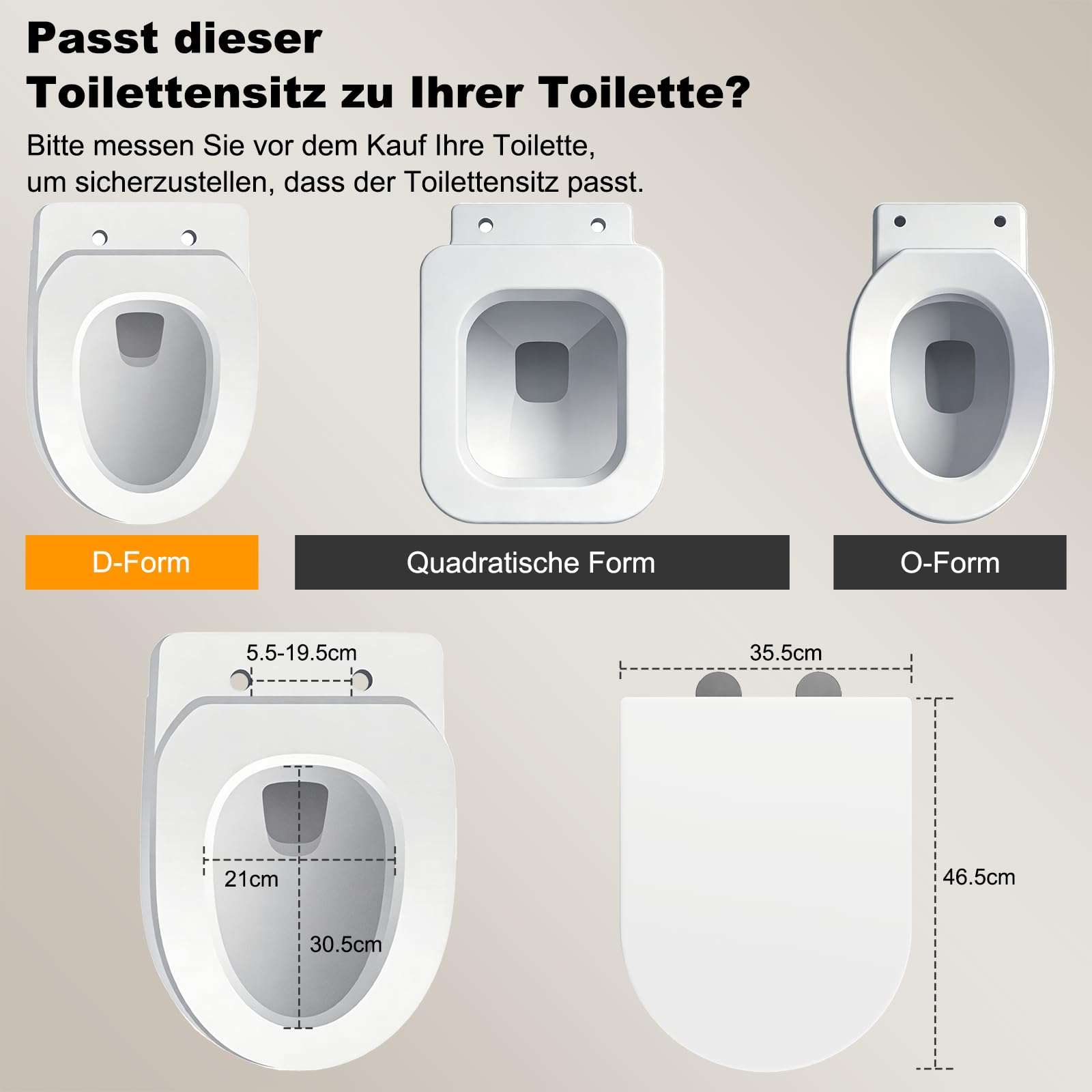 SURFOU Toilettendeckel mit Absenkautomatik, Hochwertiger UF/Duroplast WC Sitz in D-Form, mit Schnellverschluss für leichte Reinigung, Belastbar bis 200 kg, mit Gummidübeln für wackelfreien Halt
