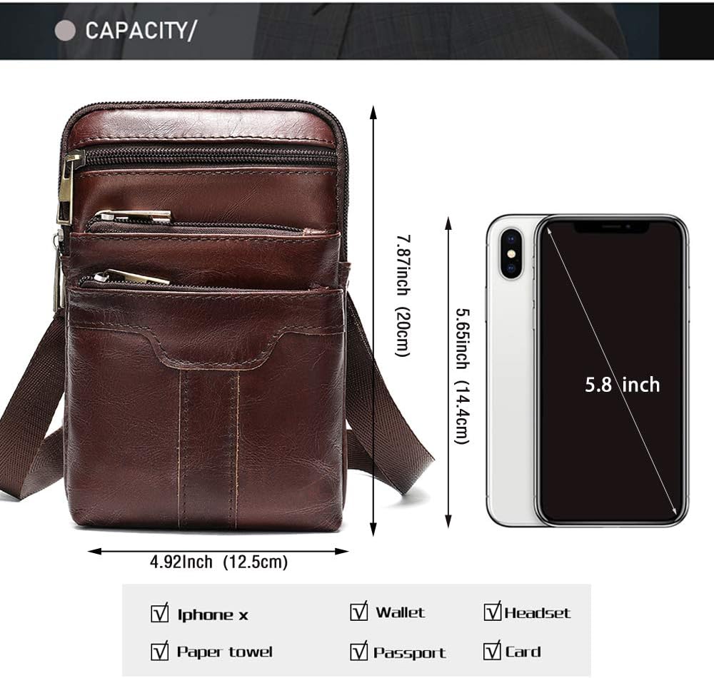 Leather Cell Phone Shoulder Bag Mens, Cell Phone Waist Bag Leather, Small PU Leather Shoulder Messenger Pouch Travel Crossbody Pack Belt Clip Holster Wallet Chest Bag for Cell Phone/Mini Tablet - Image 3