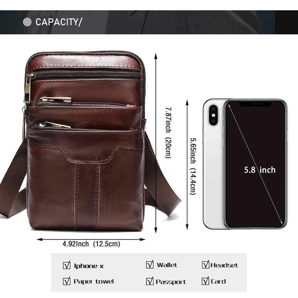 Borsa a tracolla per cellulare da uomo, marsupio in pelle marrone, varie tasche verticali, custodia da cintura per cellulare, custodia da cintura a tracolla, marsupio con