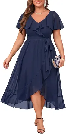 Plus Size Wedding Guest Dress - Women 2026 Cocktail Chiffon High Low Ruffle Long Dress