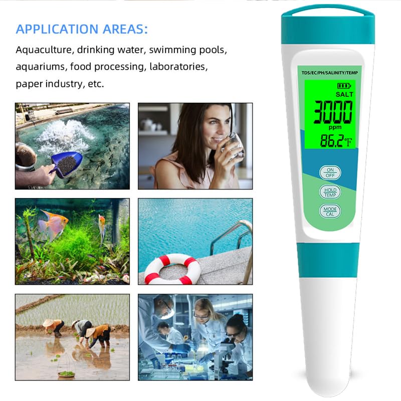 Image of Aquarium Salt Tester, Pool Salt Tester Salinity, PH, TDS, EC, and Temperature Meter 5 in 1, Digital Salinity Meter for Saltwater Aquarium, Salt Water Pool Testing Kit
