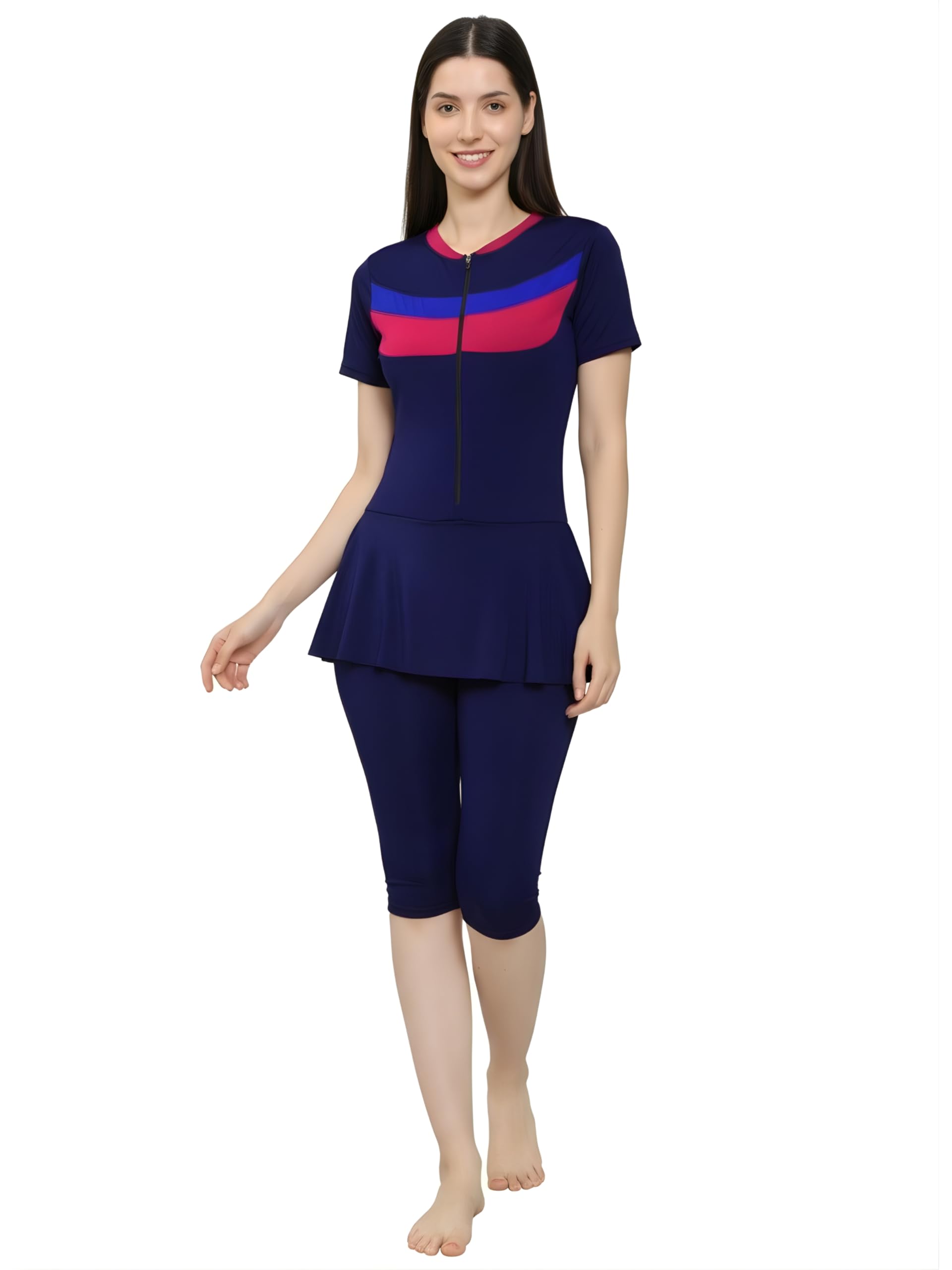 Women Color Block Knee Length One Piece Swimsuit with Removable Chest Pads Front Zipper Frock Style Design Swimming Costume