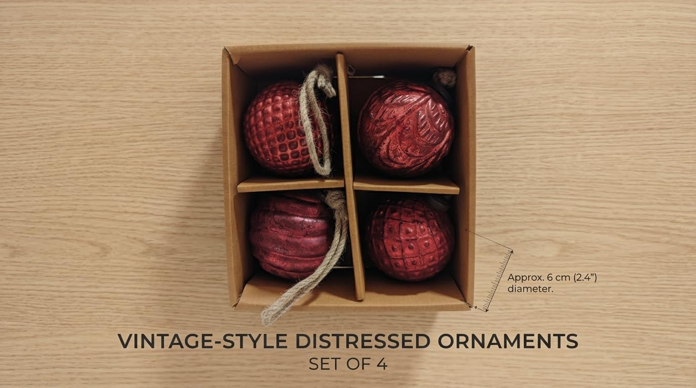 Pravenu Christmas Tree Ball Ornaments Set of 4, Red Decorative Hanging Baubles with Textured Finish, Christmas Tree Decorations for Holiday, Wreath, Garland, Party & Festive Home Decor, 3 Inch 2