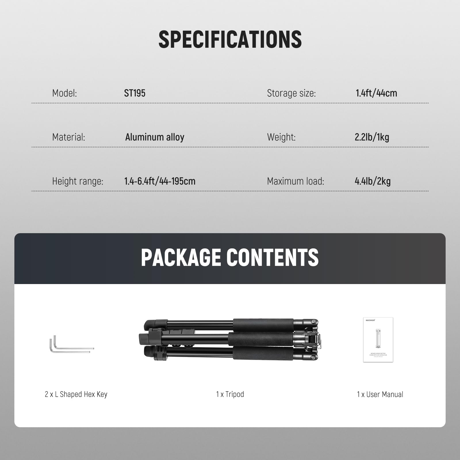 NEEWER Fotografie Lichtstativ, 47–195cm (1,5–6,4 ft) Aluminium-Stativ mit umkehrbarer Studiobeleuchtung, Smartphone Videostativ mit 1/4" Schraube für Blitzlichtkamera Softbox, 2kg Tragkraft, ST195