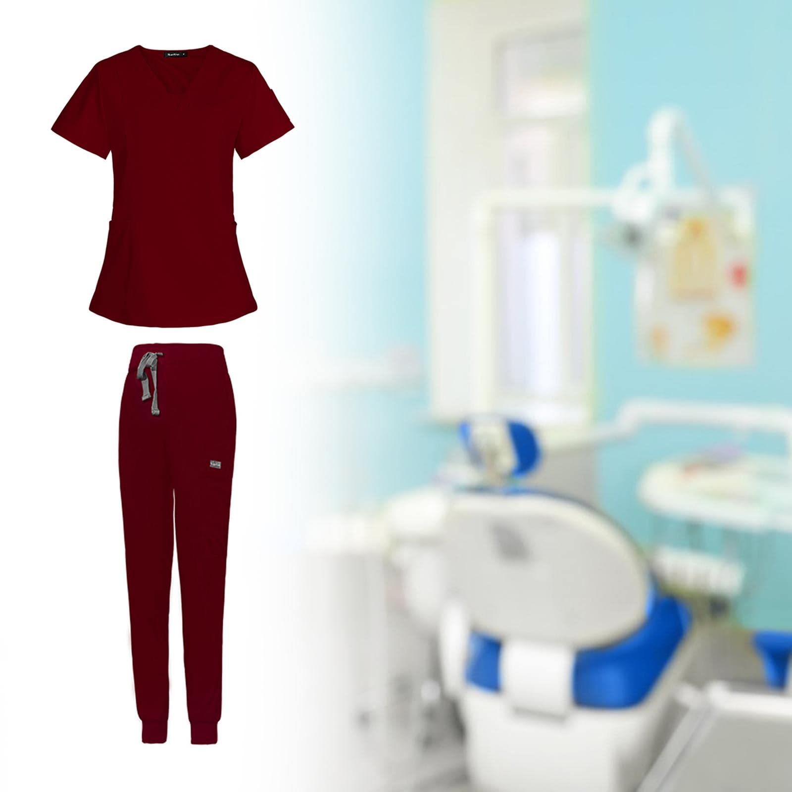 Top Mujeres Conjunto de Uniforme de Enfermería con Pantalón Jogger y Bolsillos Masajeadores Material Suave de Poliéster Lavable Adecuado para Trabajo, Rojo, l