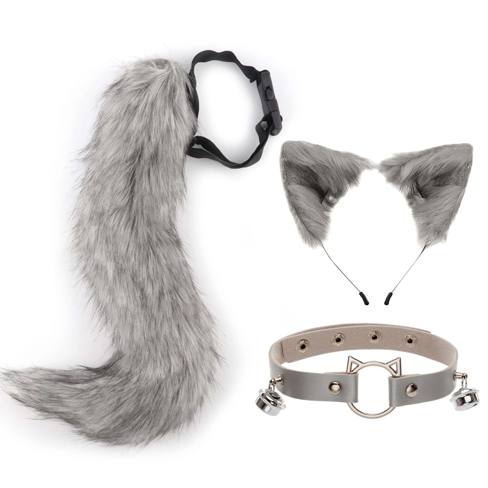 DRESHOW Fox Faux Fur Tail Cat Ears Headband Halloween Party Costume Neck choker Cosplay Set for Women