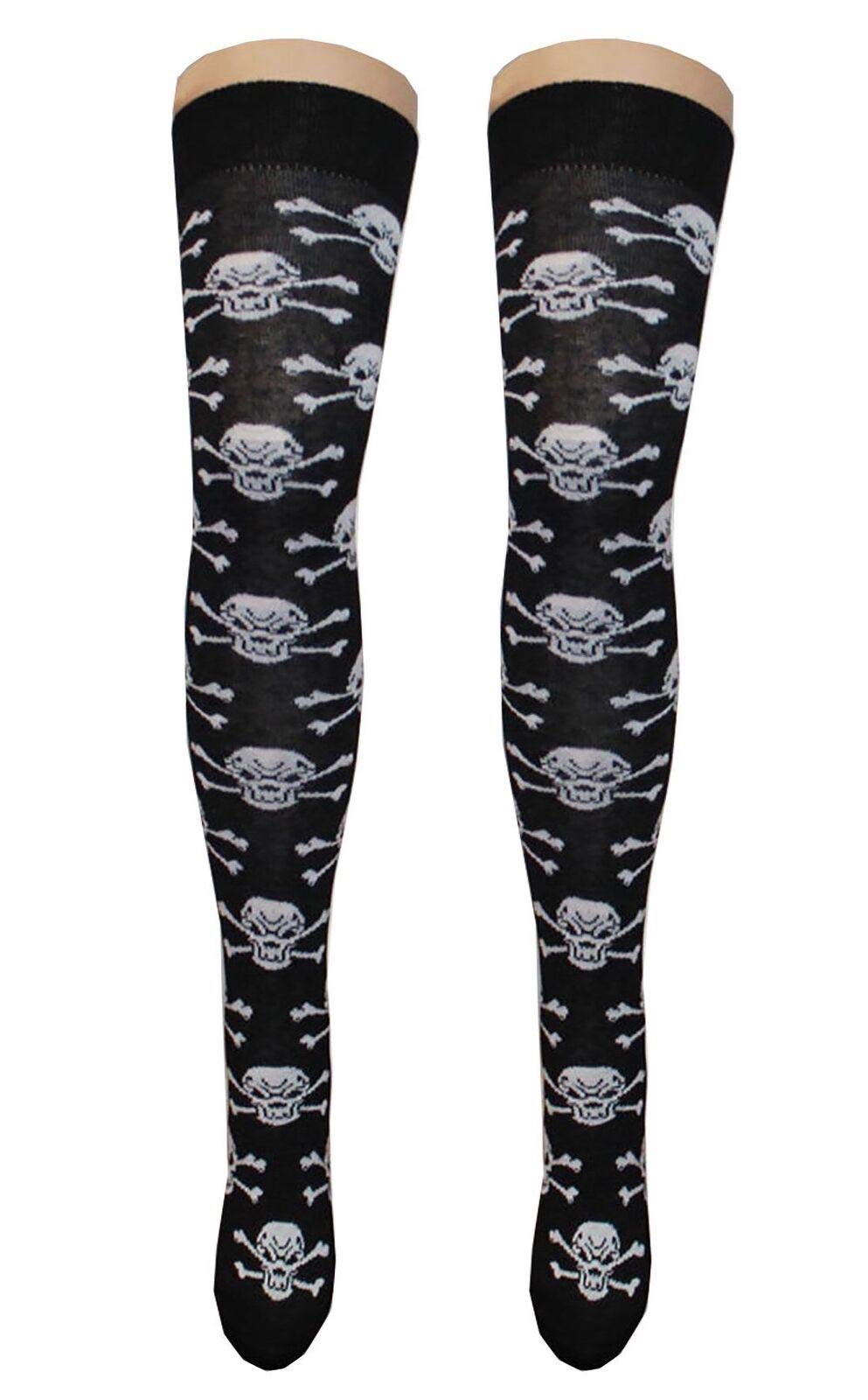Ladies Girls Skull Bones Stripes OTK Socks Womens Printed Casual Wear Socks Skull Cross Bone Print