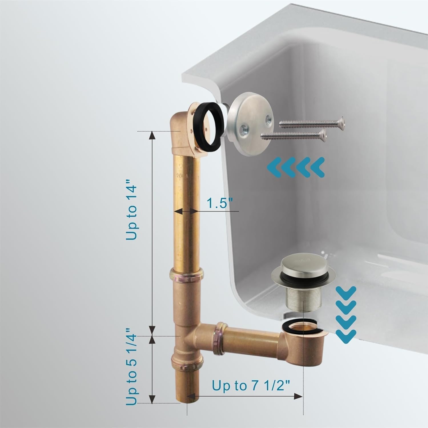 Tubular Bathtub Drain Kit 1-1/2" Brass Pipe with Brushed Nickel Tip-Toe Bath Tub Drain Stopper, Touch-Toe Bath Plug Waste and Overflow, Welsan Pop Up Bathtub Drain Kit