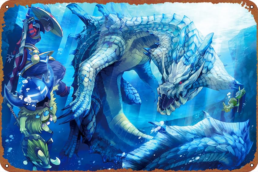 ZTLLFV Water Creature Video Game Monster Hunter Lagiacrus Metal Tin game Poster Signs 8 x 12 Inch Decor Funny Chic Art Wall Decort Home Yard Signs Bar Hotel Cafe Pub Indoor Outdoor restauran