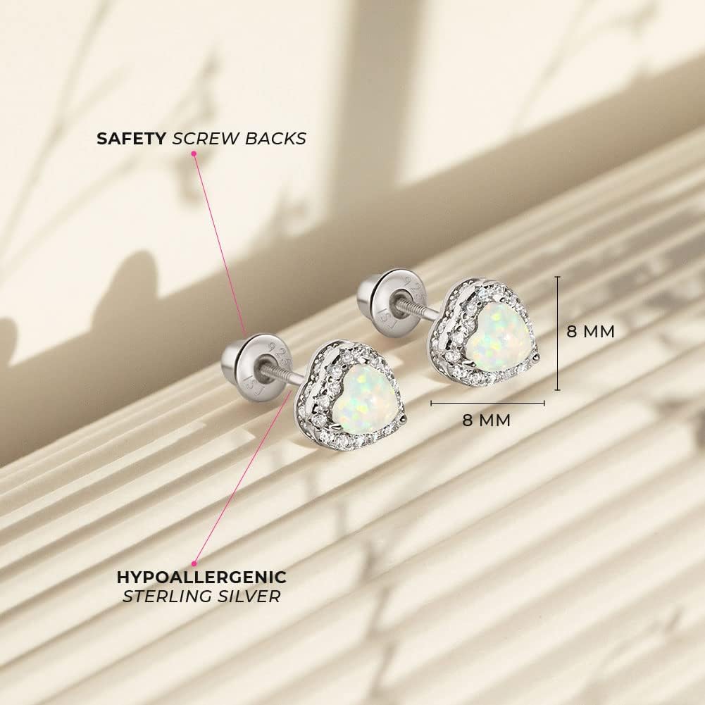 In Season Jewelry White Simulated Opal Heart Kids Earrings - 925 Sterling Silver Hypoallergenic Earrings for Girls with Secure Screw Backs - Safe & Comfortable for Toddlers, Kids & Little Girls - Image 4