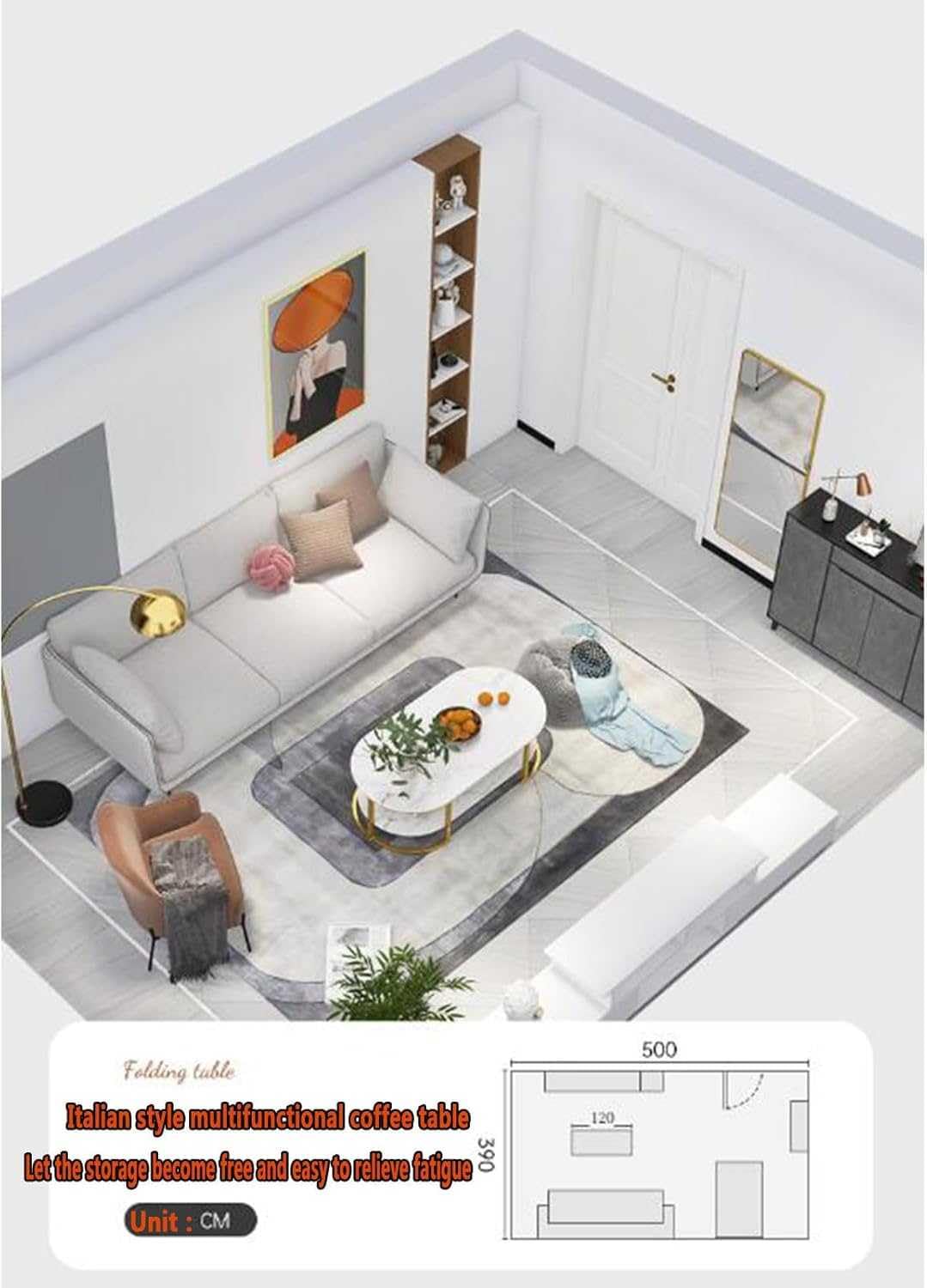 Owalny stolik kawowy Glam, mały stolik kawowy z półką, wszechstronny stolik pomocniczy do salonu, stolik koktajlowy na sofę, białe wykończenie, nowoczesny design