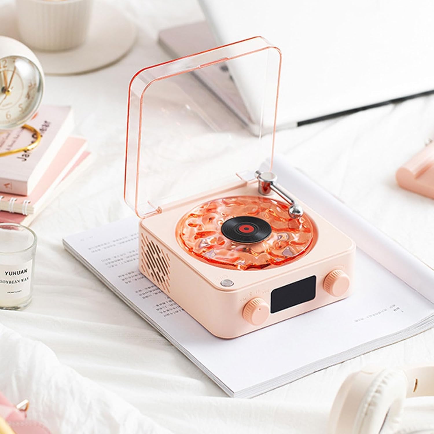 Altavoz giratorio retro con Bluetooth y luces ajustables, cuenta con 4 sonidos naturales, ideal para dormitorio, al aire libre y fiestas